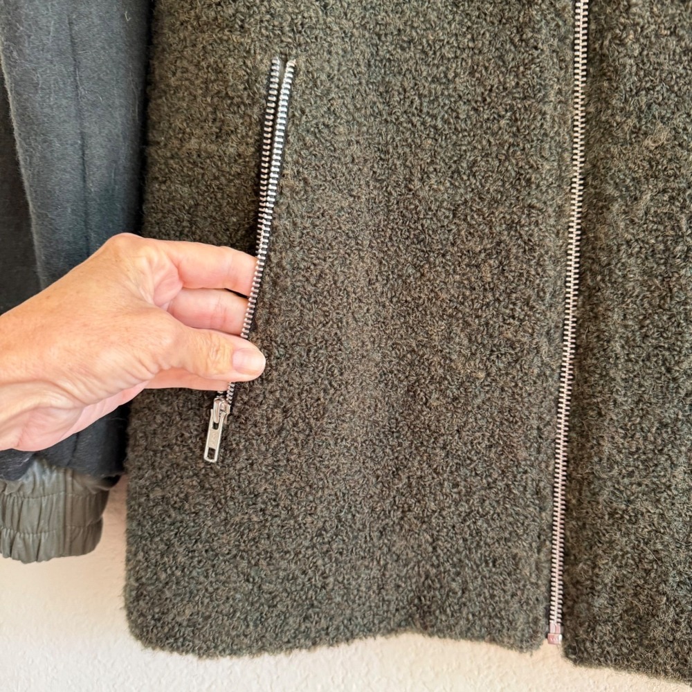SIR. The Label Mixed Media Boucle Wool Bomber Jacket Olive Green Leather Trim S - Picture 3 of 16